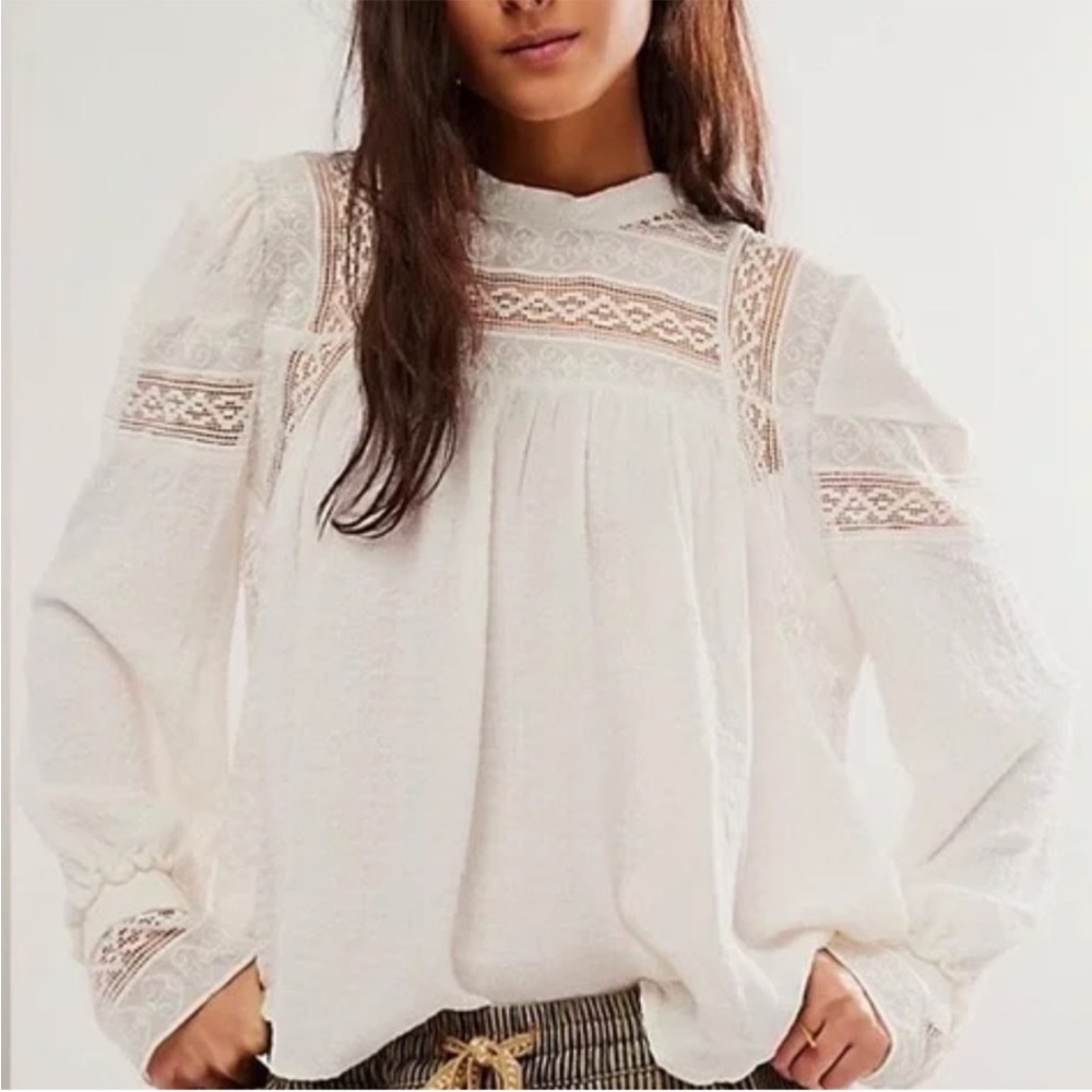Free People Ivory Lace-Insert Peasant Blouse